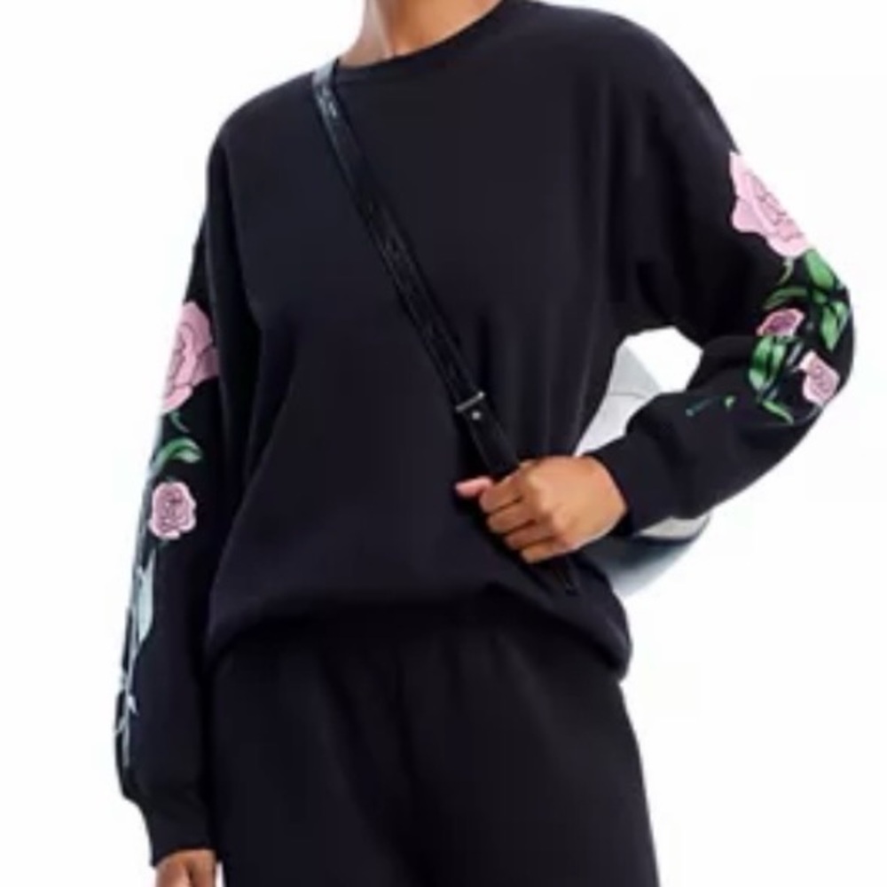 NWT Bloomingdales Aqua x Angelica Hicks Black Sweatshirt - Pink Floral Sleeves